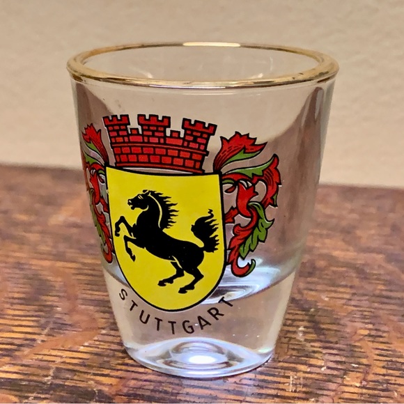 Vintage Gold Rimmed Stuttgart Germany Horse Crest Logo Shot Glass - Picture 1 of 16